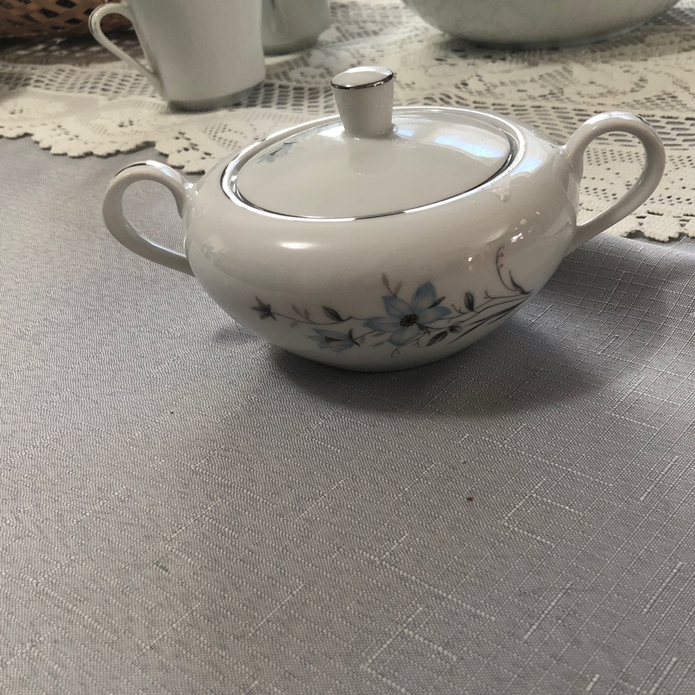 Elegant White and Blue Floral Sugar Bowl